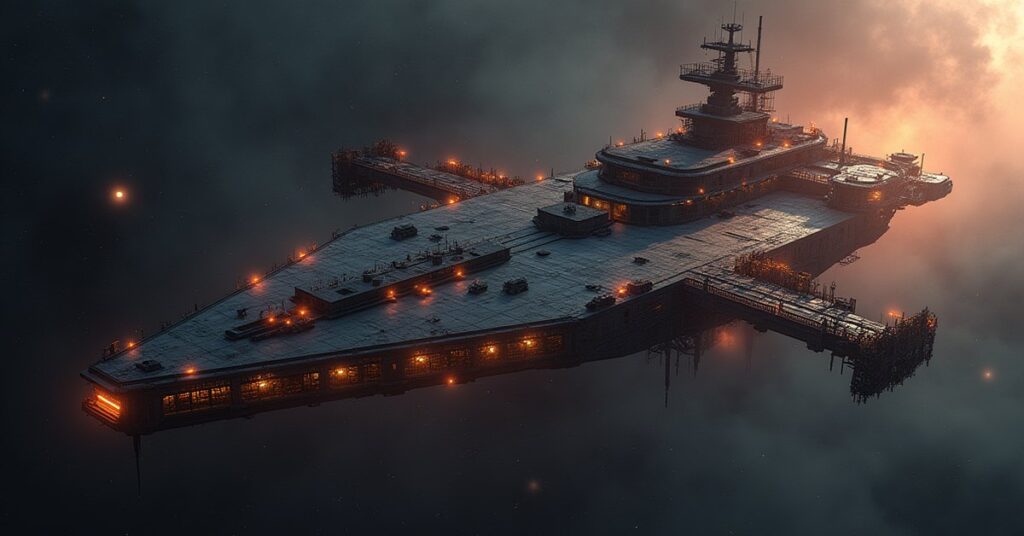 An orbital shipyard expanding around a partly built starship in Star Trek Fleet Command
