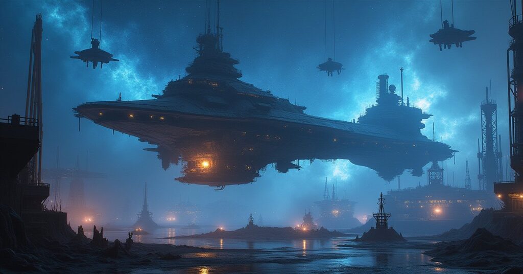 An orbital shipyard building a new starship inside its gantry in Star Trek Fleet Command