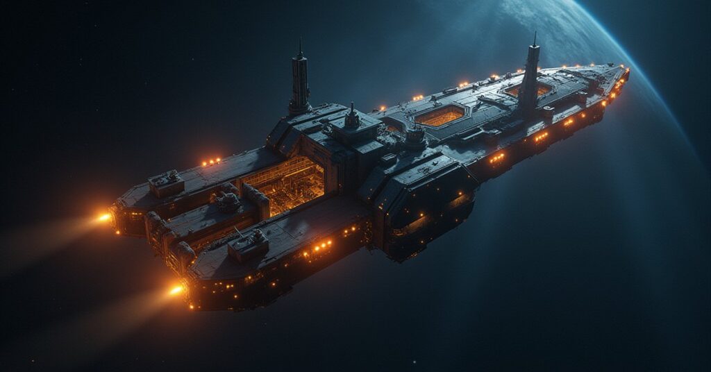 An orbital shipyard with a half-built starship in drydock in Star Trek Fleet Command