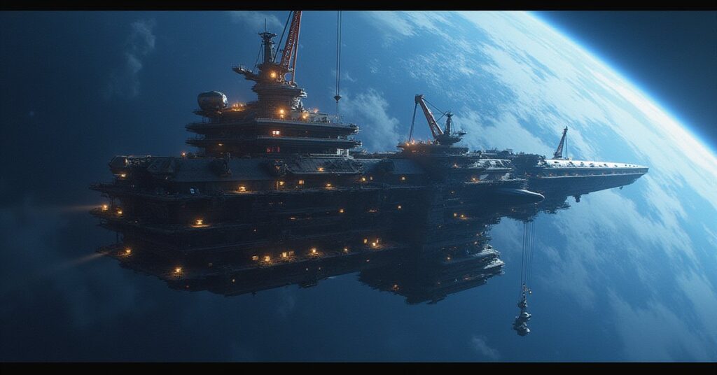 An orbital shipyard assembling a new starship hull above a planet in Star Trek Fleet Command