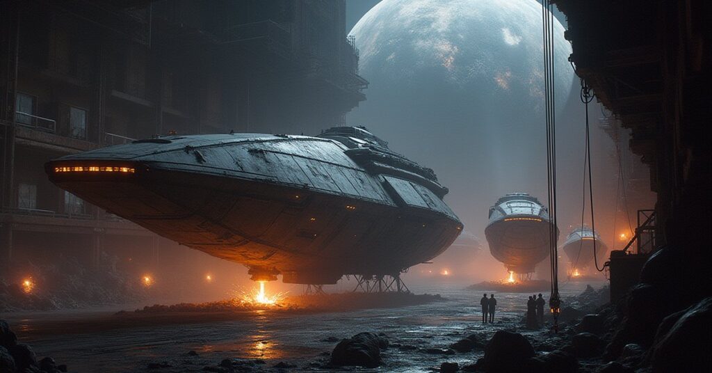 An orbital shipyard with starship hulls under construction beside a planet in Star Trek Fleet Command