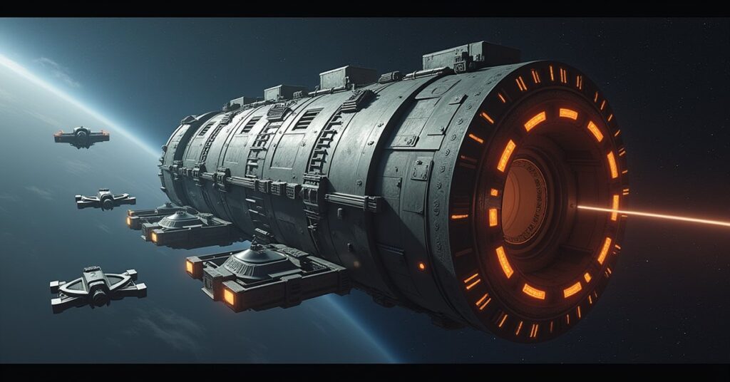 A space station storage module expanding as drones carry alloy crates in Star Trek Fleet Command