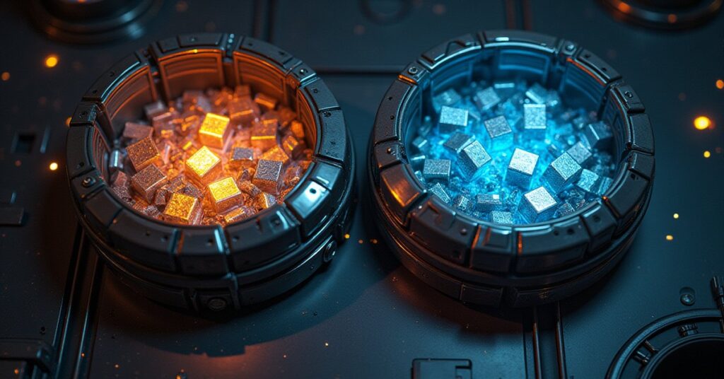 Two storage modules filled with glowing metal on a space station in Star Trek Fleet Command