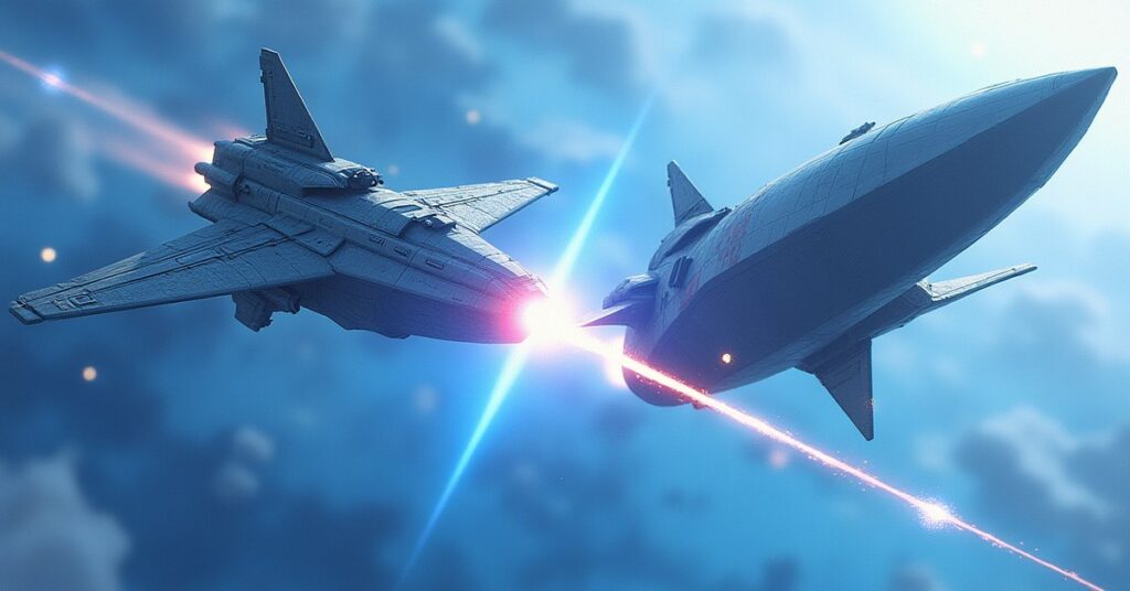 An Andorian warship and a Suliban ship facing off for a duel above a frozen blue planet