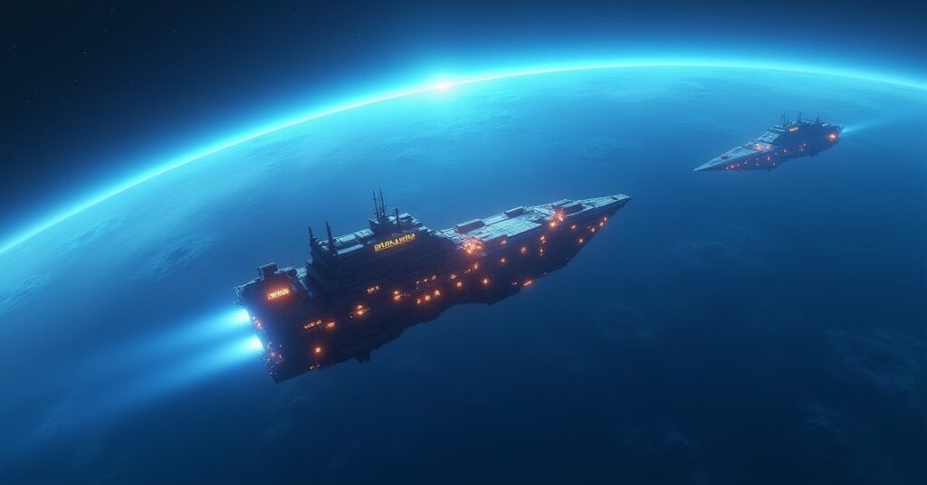 A cargo ship carrying medical supplies leaving a blue planet in Star Trek Fleet Command