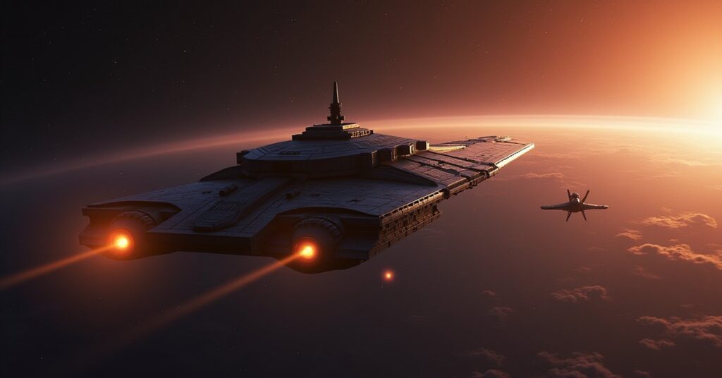 A spy ship decloaking over a Romulan world as a cruiser targets it in Star Trek Fleet Command