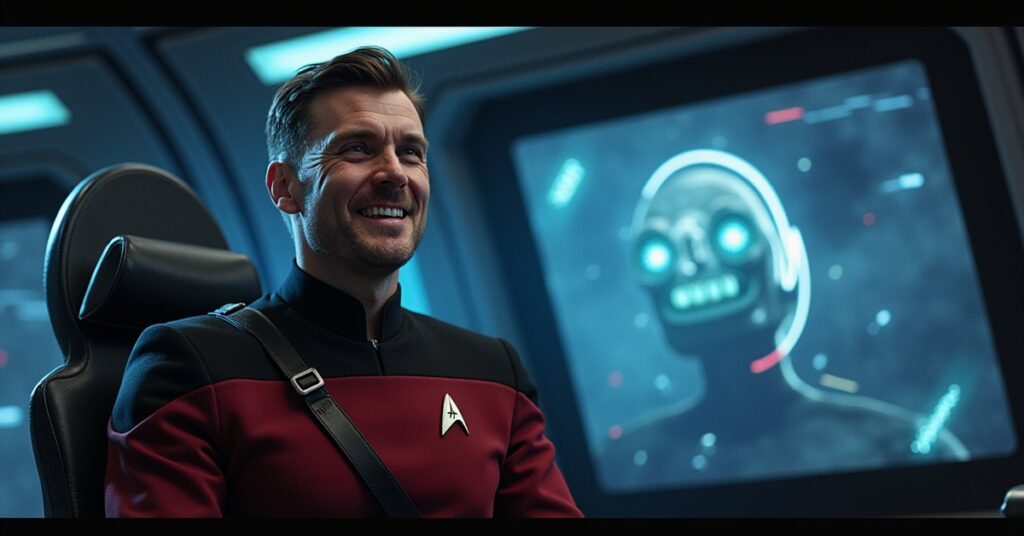 A con artist flickering between holographic disguises on a starship bridge in Star Trek Fleet Command