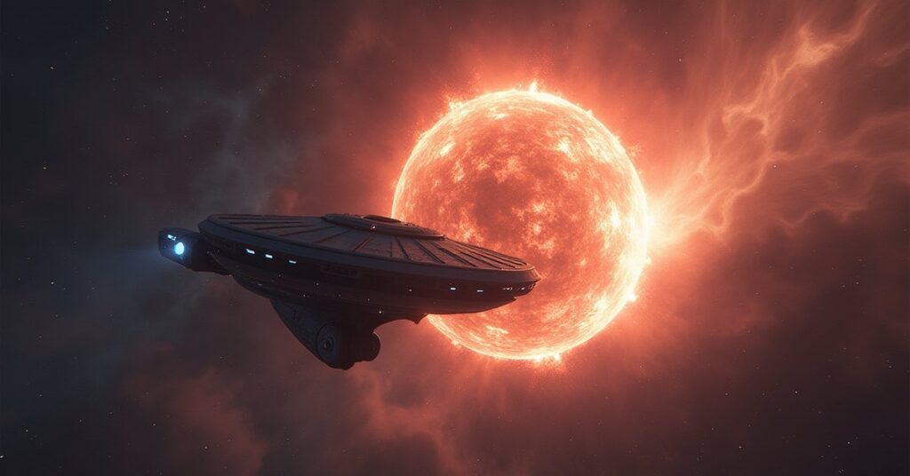 Khan's starship facing the Enterprise in the Mutara Nebula as the Genesis Wave erupts