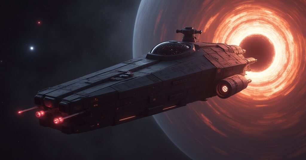 A starship with an experimental engine bending space into a small black hole in Star Trek Fleet Command