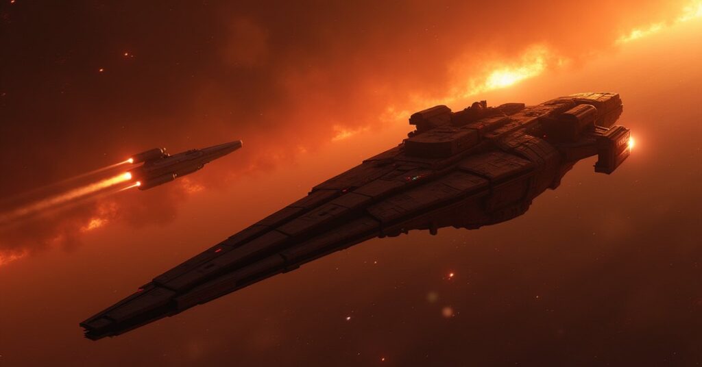 Civilian transports fleeing a burning colony under starship escort as a Klingon warship closes in in Star Trek Fleet Command