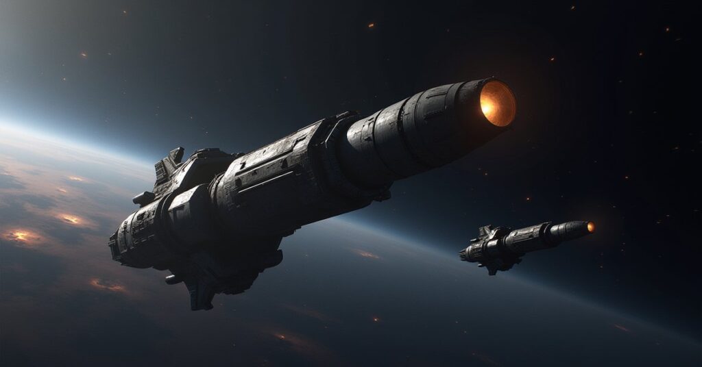 A research shuttle near a dark void anomaly guarded by a starship in Star Trek Fleet Command