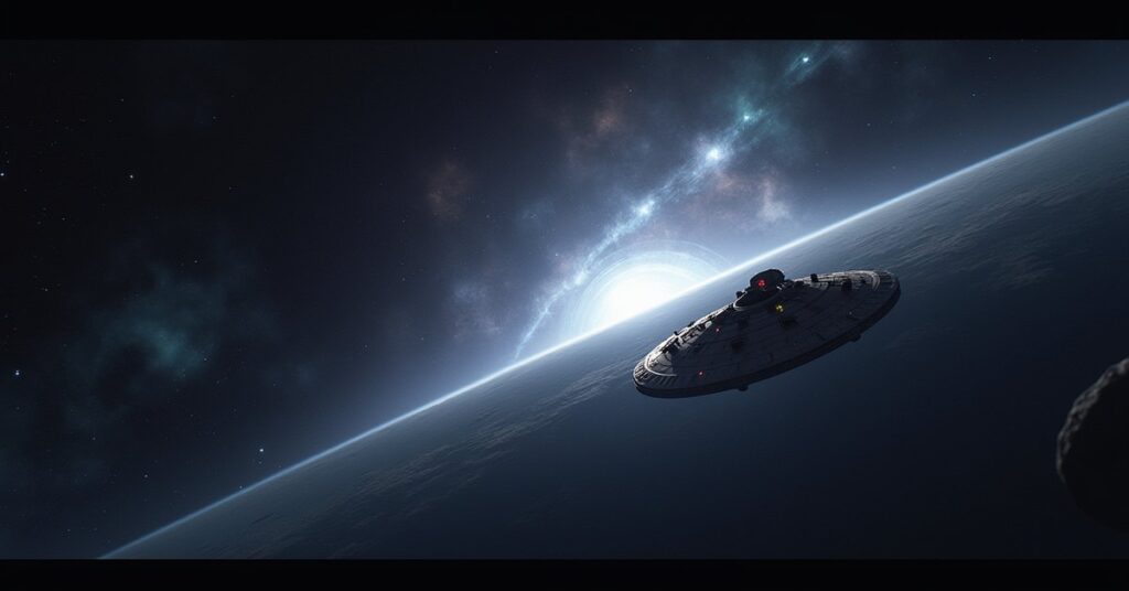 A starship surveying a distant star system as a new warp path opens in Star Trek Fleet Command