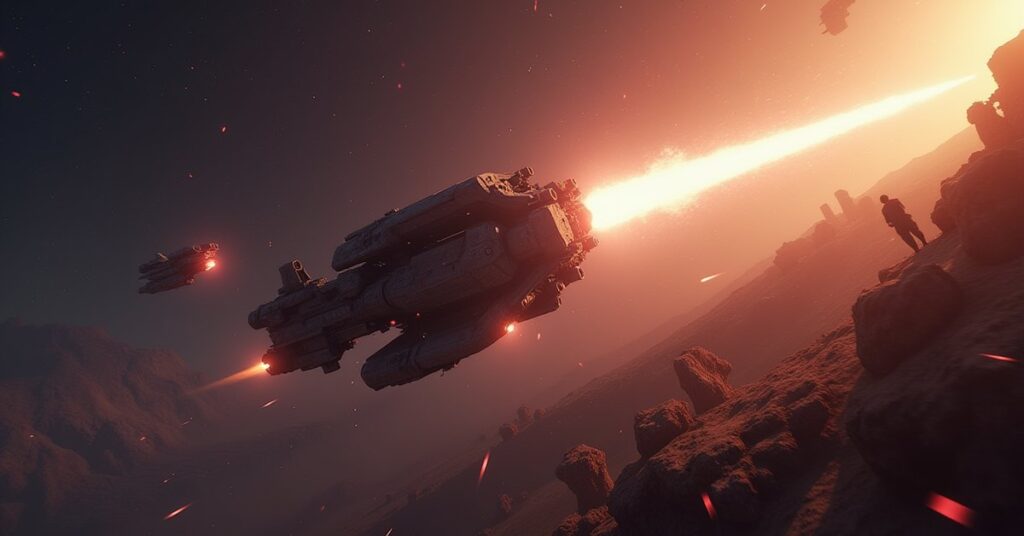 A Federation starship following a glowing warp trail past an outpost in Star Trek Fleet Command