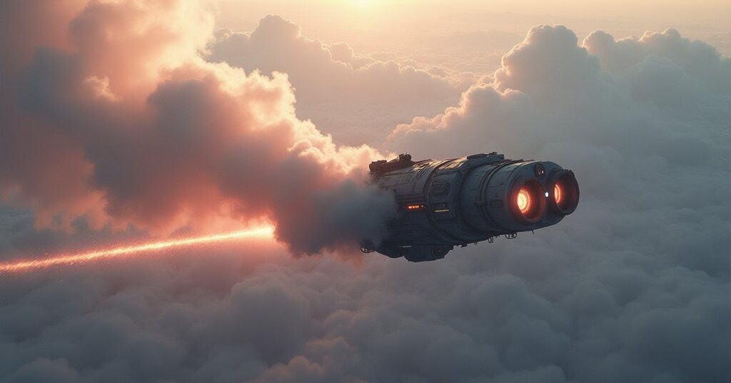 A science ship releasing a gas cloud over a pale planet in Star Trek Fleet Command