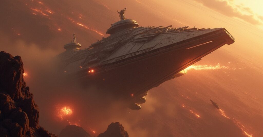 A starship destroying a Klingon mercenary battleship above a rocky world in Star Trek Fleet Command