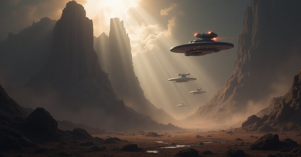 Ships of three factions near an ancient ruin world in Star Trek Fleet Command