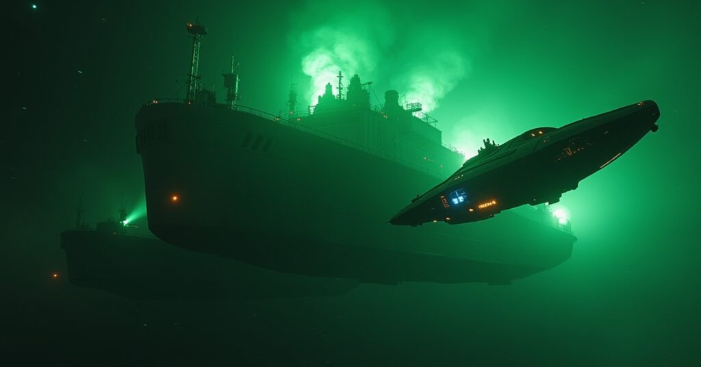 A Vaadwaur ship and a Starfleet vessel facing a Malon freighter leaking toxic green waste