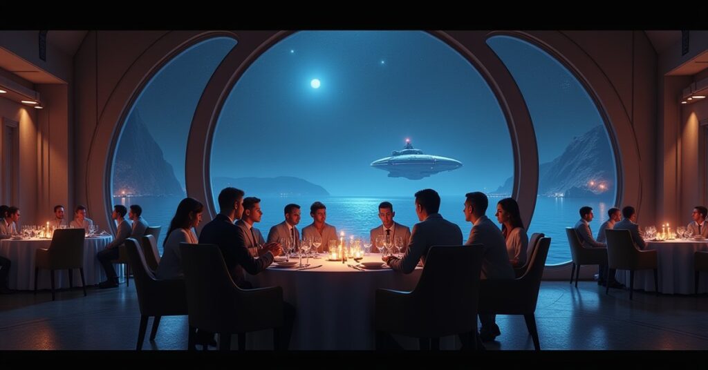 A tense dinner in a grand alien dining hall with a starship visible in orbit beyond the windows