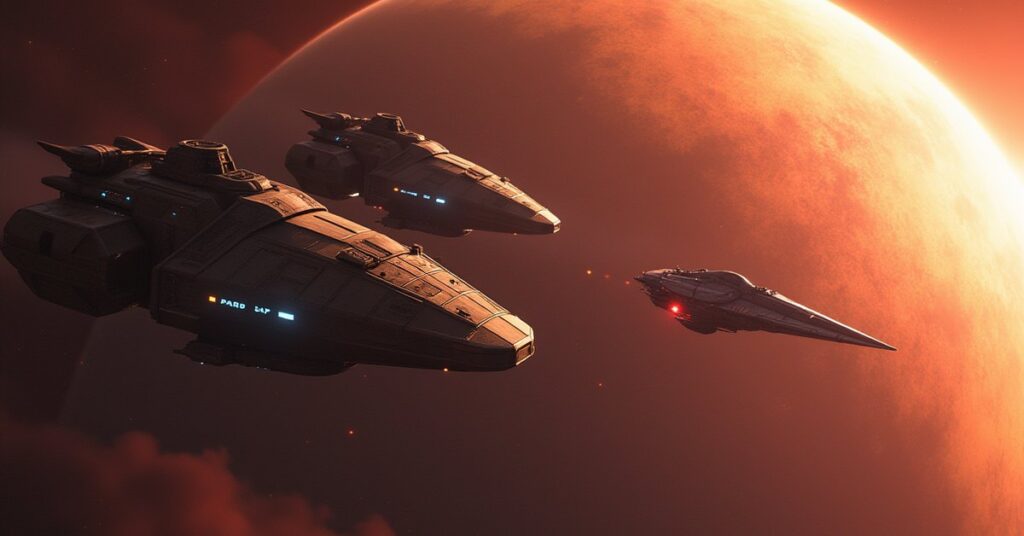 Three bulky Pakled ships near a bright planet as a starship approaches in Star Trek Fleet Command
