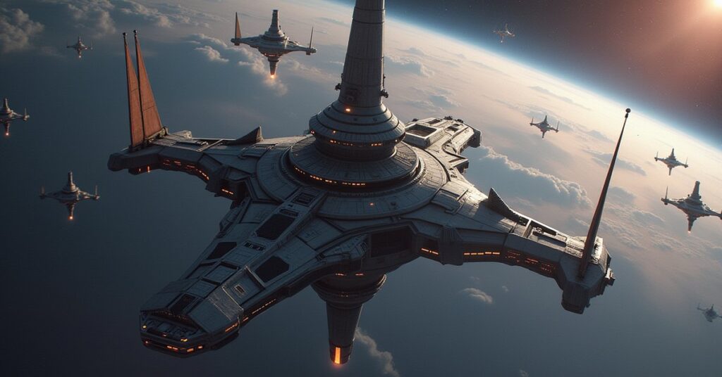 Fringe faction ships gathering around a large space station in Star Trek Fleet Command