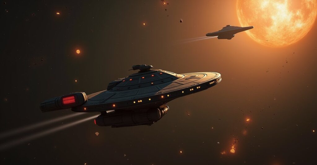 A starship tailing a spy vessel through a debris field while a scavenger freighter drifts nearby