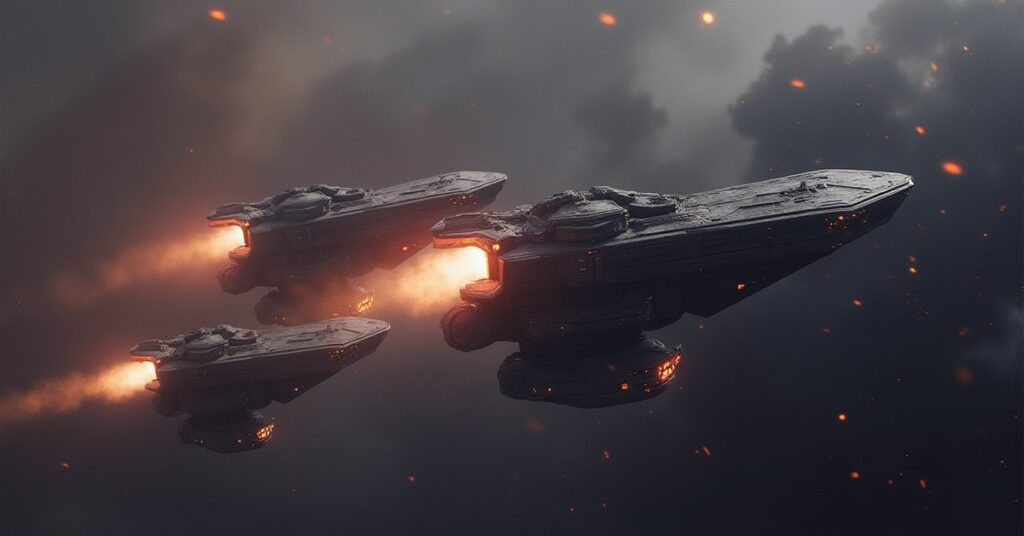Two powerful Starfleet vessels facing each other at a distant staging area