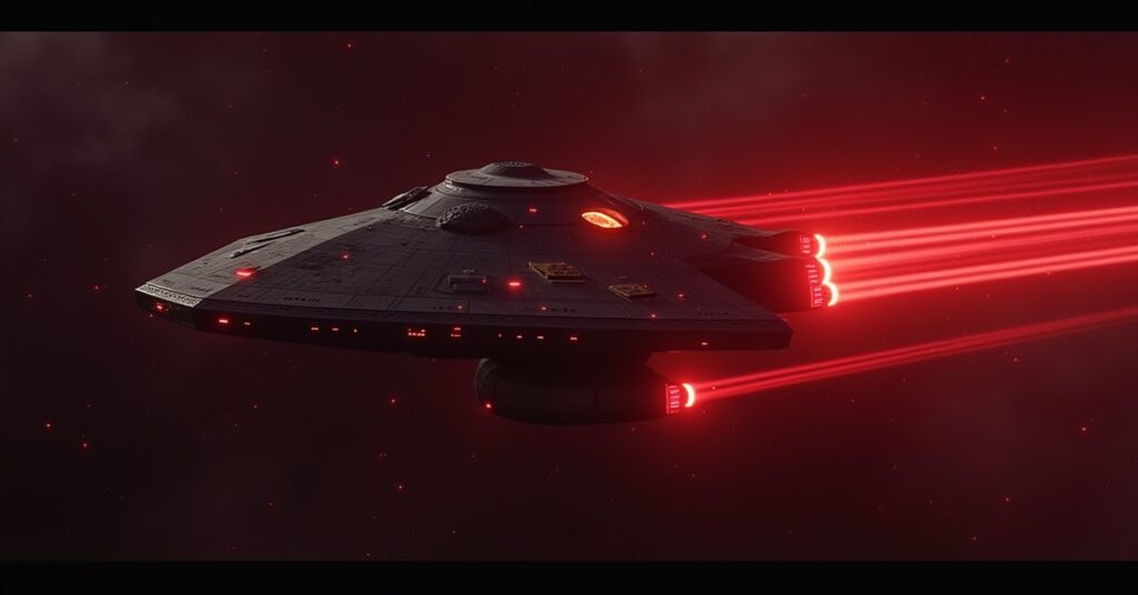 A Klingon warship intercepting Starfleet communications near a relay station in Star Trek Fleet Command