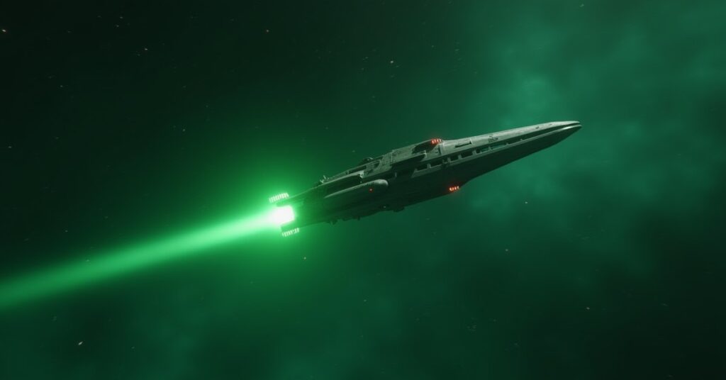 A Romulan transport leaving a green-lit system with a passenger aboard in Star Trek Fleet Command