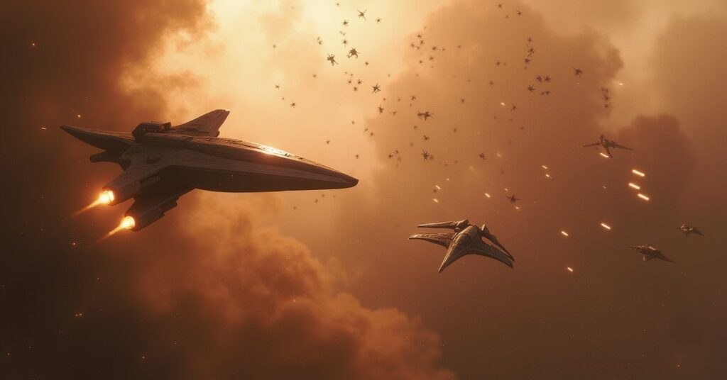 A swarm of alien ships around a lead vessel under Romulan fire in Star Trek Fleet Command