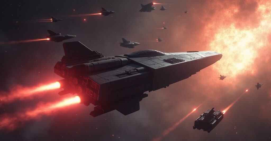 A starship fighting a mercenary raider and its escorts in Star Trek Fleet Command