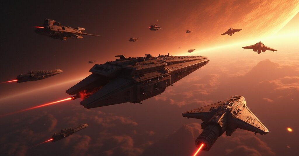 A Klingon battlecruiser joining a rebel assault on enemy warships above a planet in Star Trek Fleet Command