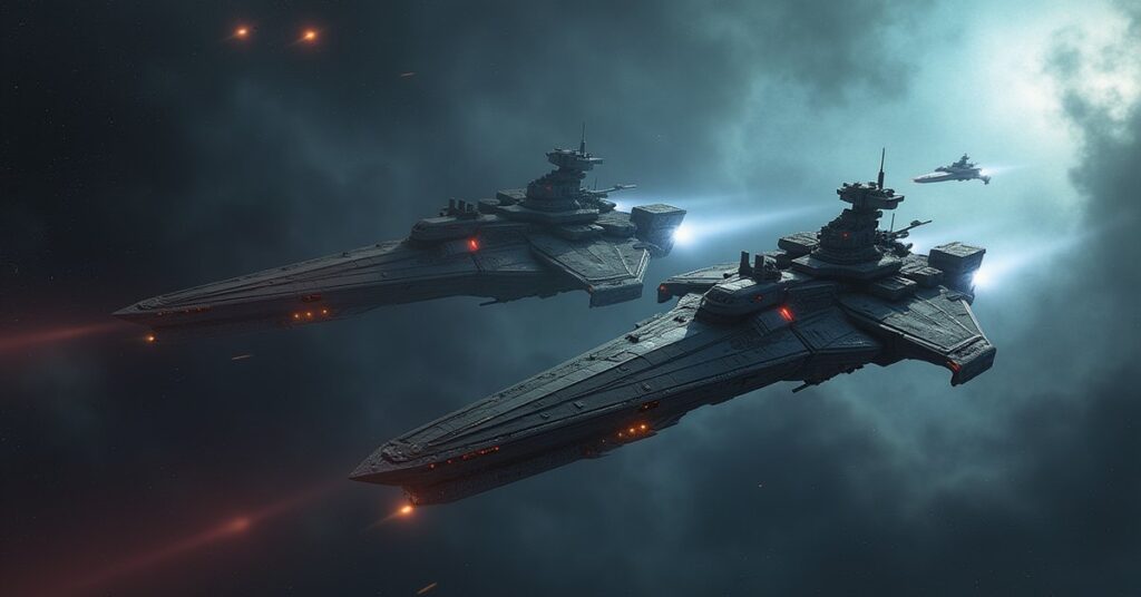 A starship secretly following two mercenary vessels through a colourful nebula in Star Trek Fleet Command