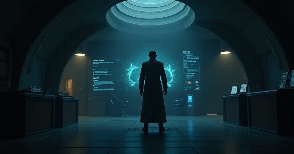 A Klingon scientist beside an empty engine cradle in a KSG lab in Star Trek Fleet Command
