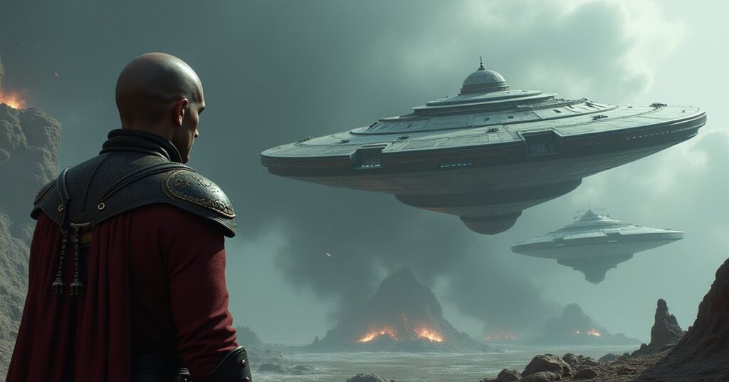 A damaged Starfleet ship facing a Reman ship beside wreckage in Star Trek Fleet Command