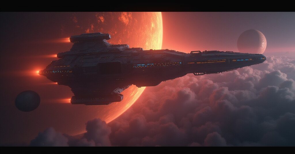 A huge starbase powering up beneath a looming AI core in Star Trek Fleet Command