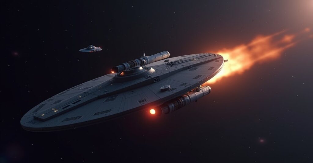 A starship fending off an assailant while chasing a Vulcan ship in Star Trek Fleet Command