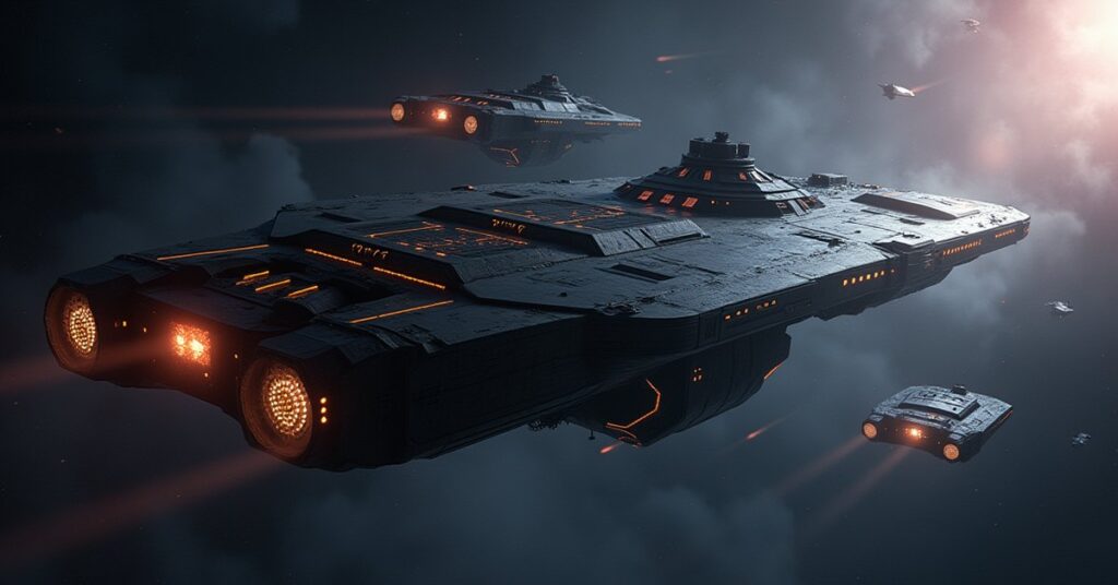 A large starship defending against a Cardassian fleet in deep space in Star Trek Fleet Command