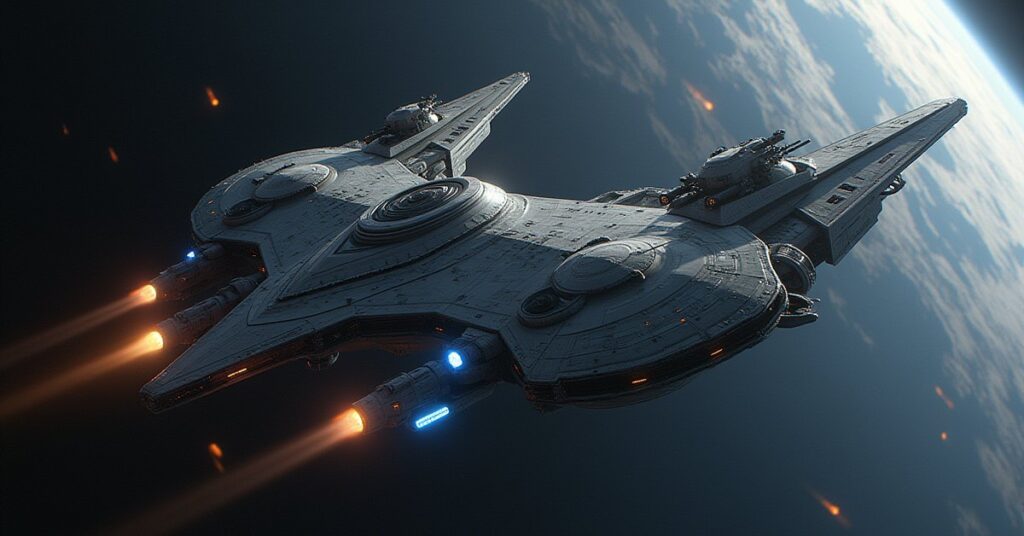 Two allied starships facing heavily armed mercenary warships near a station in Star Trek Fleet Command