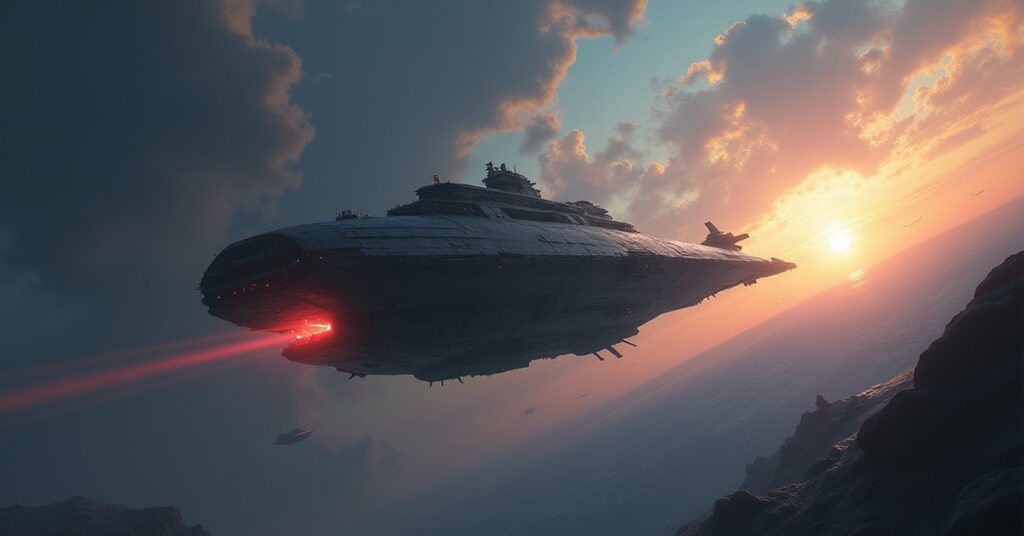 A starship aiding a damaged Frontier colony under a darkened sky in Star Trek Fleet Command
