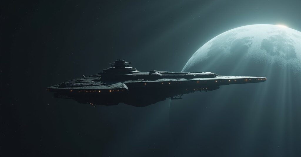A starship approaching a drifting damaged vessel near a planet in Star Trek Fleet Command