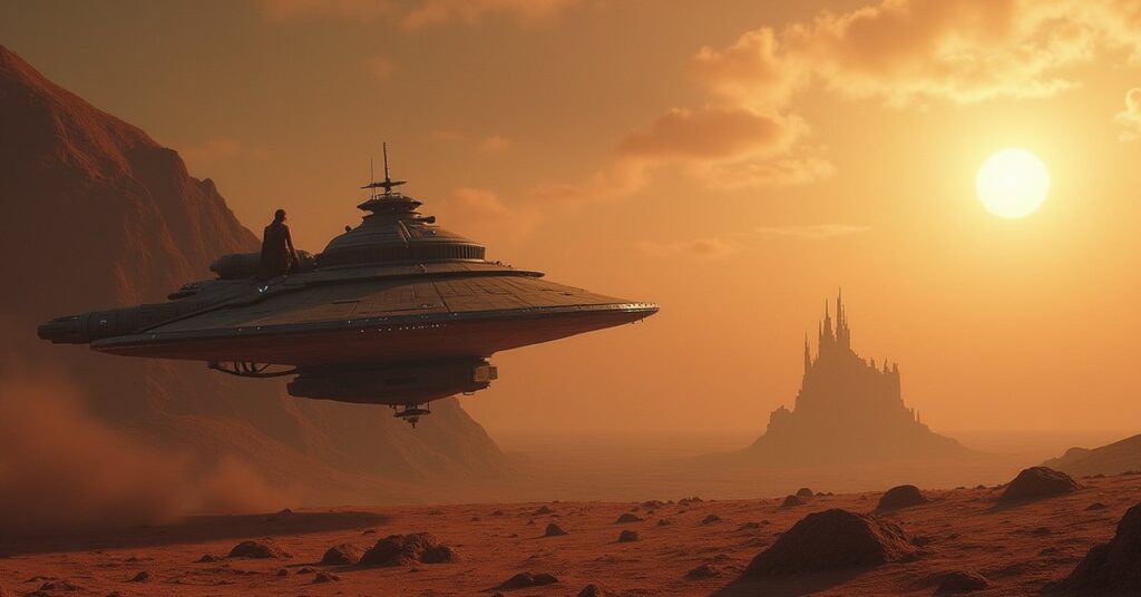A starship following a Klingon vessel over a barren, radiation-scarred planet in Star Trek Fleet Command