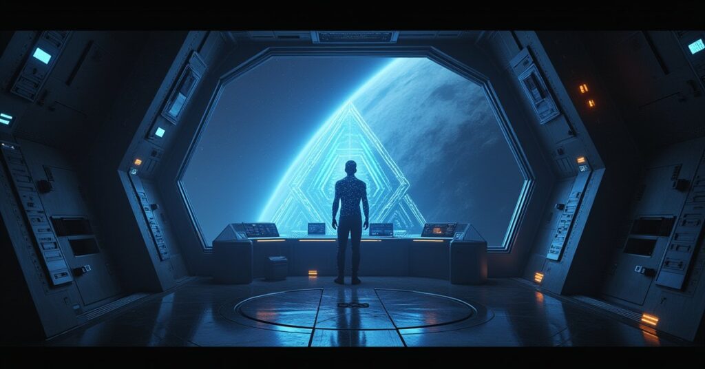 A holographic A.I. figure at a starbase operations console in Star Trek Fleet Command