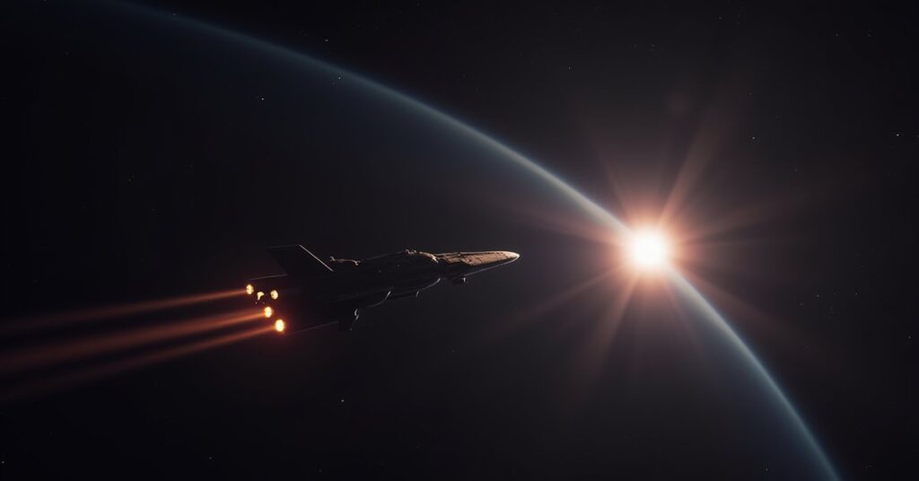 A small starship jumping to warp toward a distant star in Star Trek Fleet Command