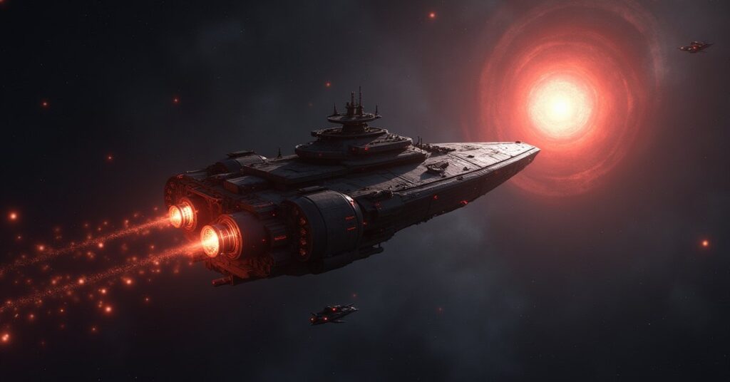 A mining ship delivering glowing crystals to a gathered fleet in Star Trek Fleet Command