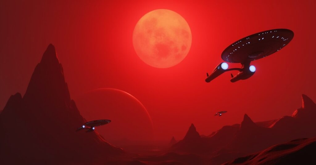 A starship arriving at Kronos with Romulan and Federation ships nearby in Star Trek Fleet Command