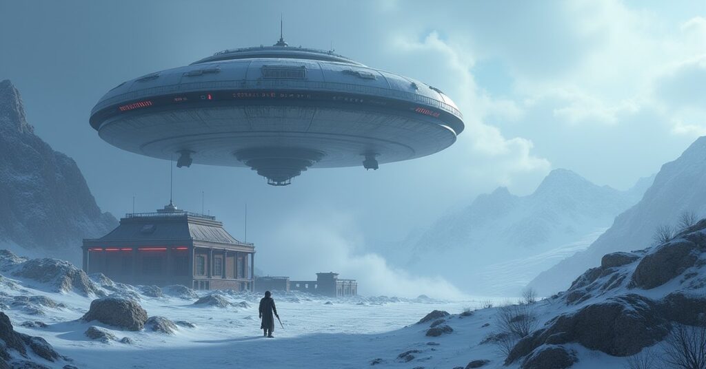 A Borg probe hovering over an abandoned research camp in Star Trek Fleet Command