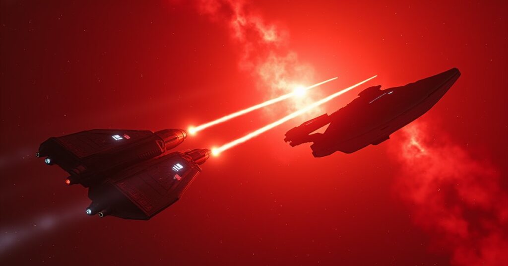 A starship separating two rival ships in a red nebula in Star Trek Fleet Command