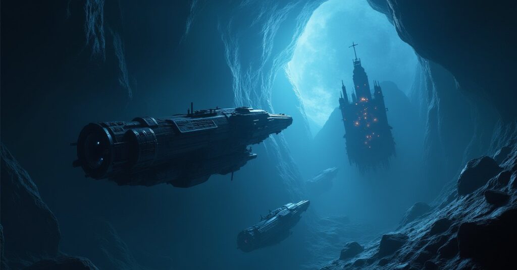 A starship towing cryo pods toward a trading post in an asteroid belt in Star Trek Fleet Command