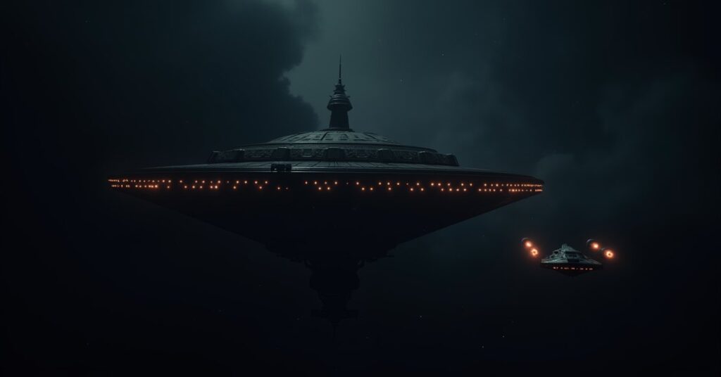 Orion ships guard a derelict Cardassian station as a starship approaches in Star Trek Fleet Command