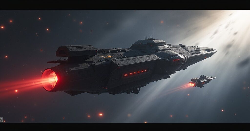 A starship escaping a guarded station with stolen evidence as an Orion guard ship gives chase